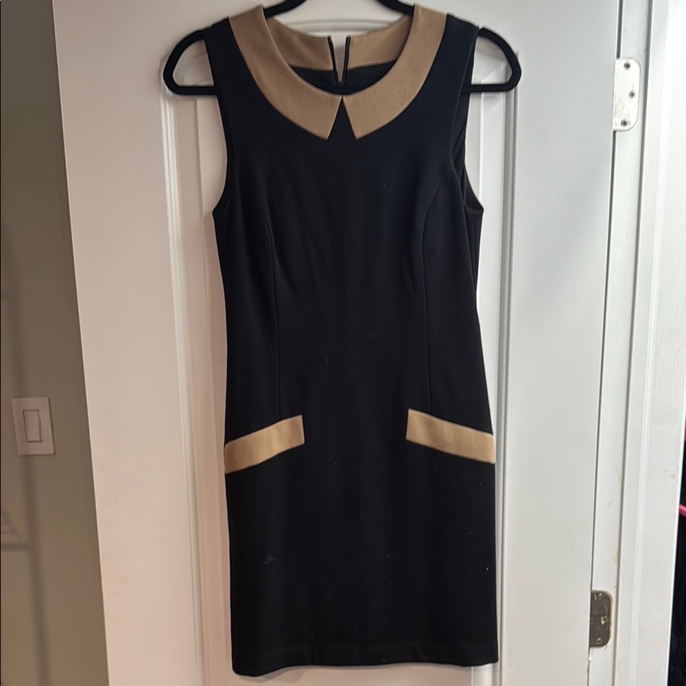 Bailey 44 Black and Tan Sheath Dress with Peter Pan Collar